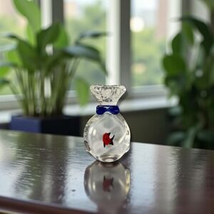 Art Glass Fish in a Bag Paperweight Clear Blue Red Hand Blown Murano Style Decor